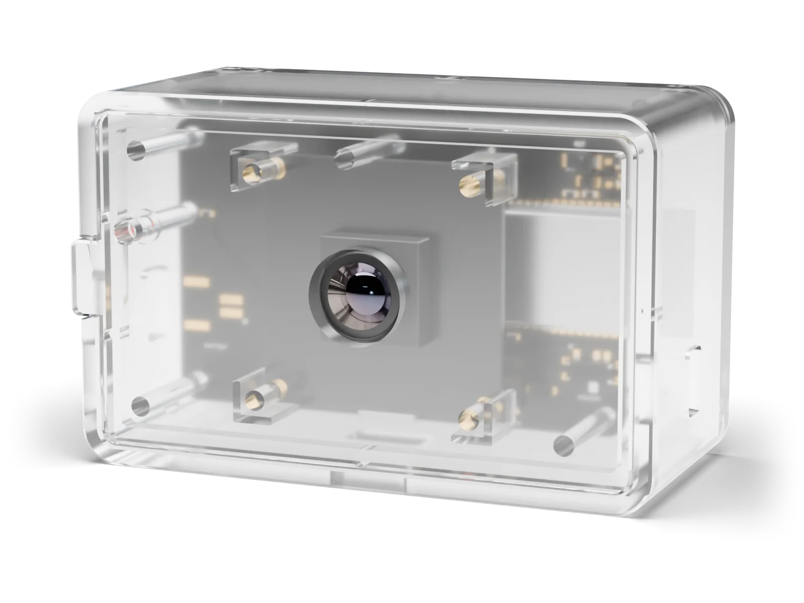 The Wi-Fi camera Tovan designed, standing on its side with its lens looking out, in a clear case so its circuit board shows inside